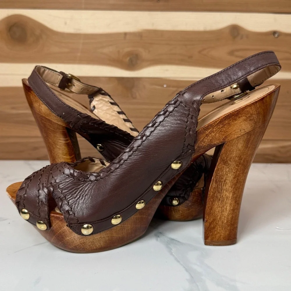Dione Chuncky Wooden Heel Platform Sandals Leather Straps Brown Size 7.5 - Picture 9 of 13